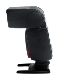 black camera speedlight flash on white