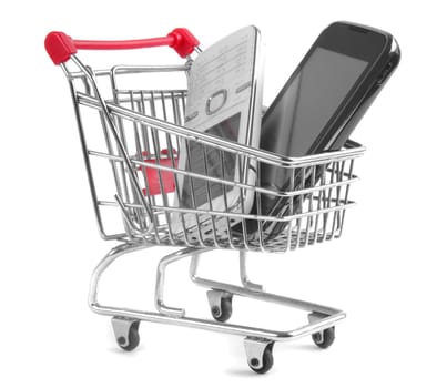 shopping trolley with cell phones isolated on white background