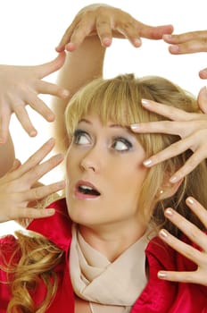 a lot of scary hands over the woman