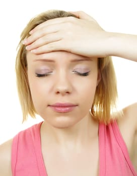 blonde woman has a head ache