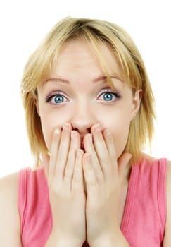 blonde surprised woman on white