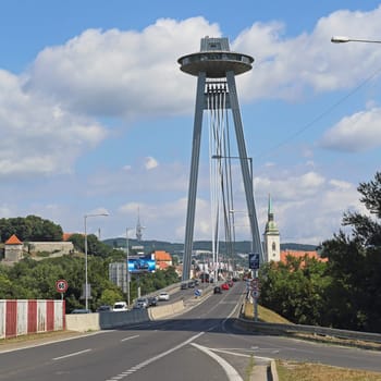 Bratislava, Slovakia - July 10, 2015: Famous SNP Bridge Landmark With Restaurant on Top of Pylon in Bratislava, Slovakia.