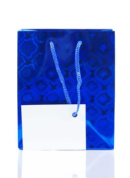 blue holiday gift bag with space for text