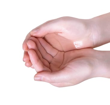 female hands with water over white