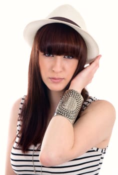portrait of beautiful girl with hat on white