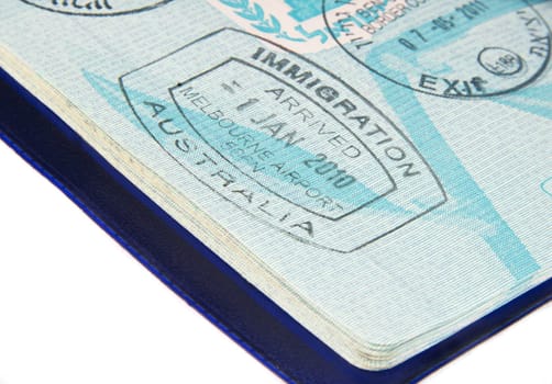 visa stamps in open passport page