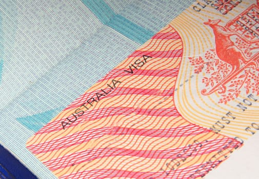 closeup of australian visa in passport