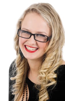 laughing blonde womam with glasses