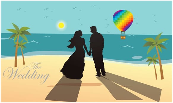 Silhouette couple is on river bank during sun set