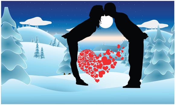 Couple kissing in snow lovely hearts