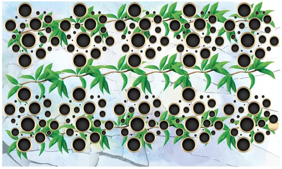 Tree leaves are on grunge background with black holes