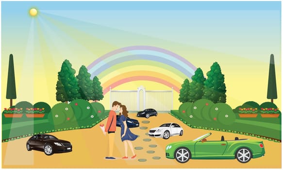 a rich couple is loving each other in a park