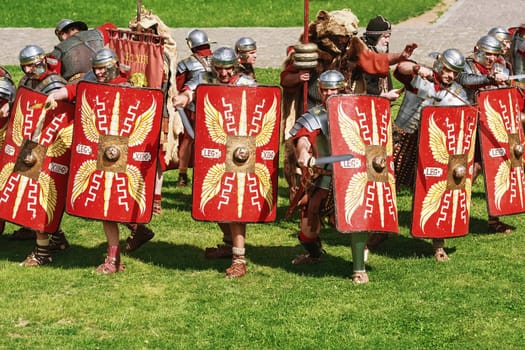 Alba Iulia, Romania - May 04, 2019: Roman Legionnaires of Legio XIII Gemina during the Festival Roman Apulum "Revolta""."