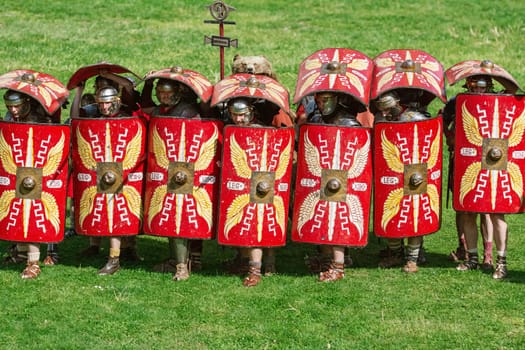 Alba Iulia, Romania - May 04, 2019: Roman Legionnaires of Legio XIII Gemina during the Festival Roman Apulum "Revolta""."