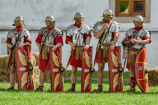 Alba Iulia, Romania - May 04, 2019: Roman Legionnaires of Legio XIII Gemina during the Festival Roman Apulum "Revolta""."