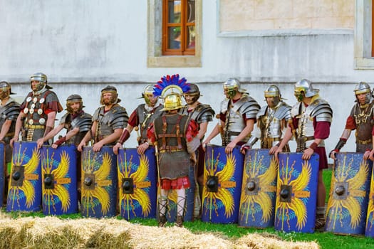 Alba Iulia, Romania - May 04, 2019: Legionnaires of Legio V Macedonica during the Festival Roman Apulum "Revolta""."