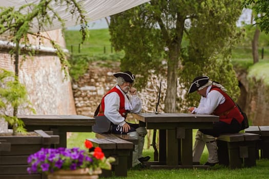 Alba Iulia, Romania - May 04, 2019: Soldiers of the 18th century the rest During the Festival Roman Apulum "Revolta""."