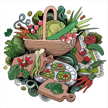Food hand drawn vector doodles illustration. Vegetables elements and objects cartoon background. Bright colors funny picture