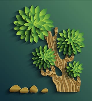 Vector modern illustration of volumetric tree. Trendy craft style card design. 3d effect imitation