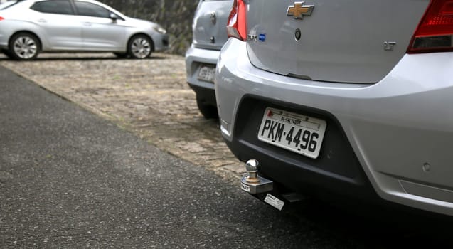 salvador, bahia / brazil - june 27, 2020: trailer hitch is seen at the rear of a vehicle in the city of Salvador.