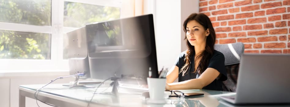 Woman At Workplace. Manager Doing Business Communication In Office