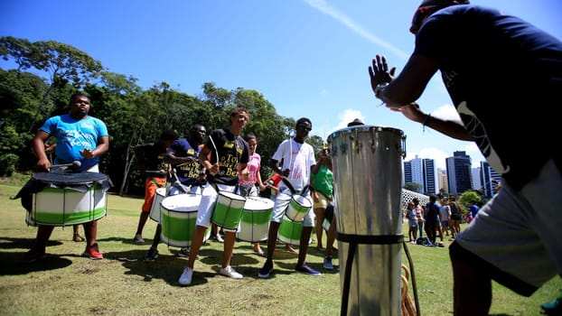 salvador, bahia / brazil - september 18, 2016: Members of a percussion group are seen during a performance at the City Park of Salvador.