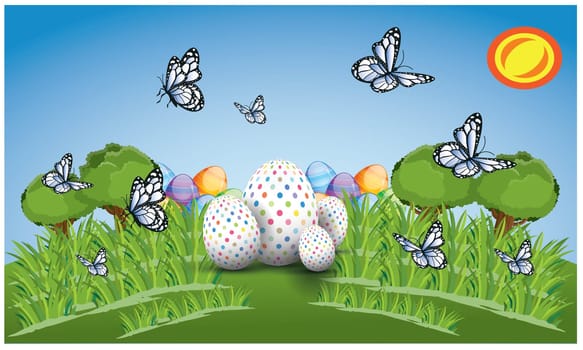 Easter eggs in a garden on sunny day
