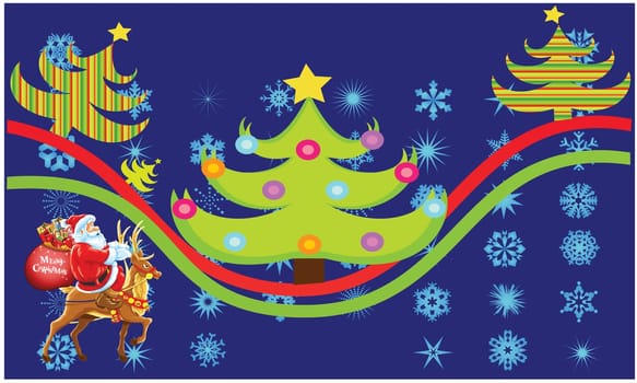 Santa with animal near to Christmas tree on snowflake background