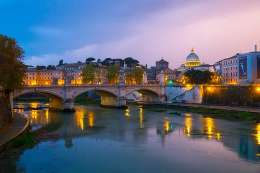Amazing evening view over River Tiber and its bridges in Rome