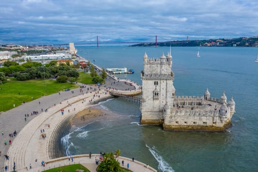 Amazing view over Belem Tower in Lisbon Portugal - aerial drone footage