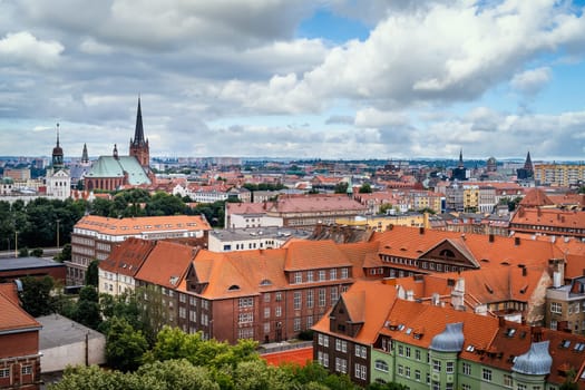 Aerial view on Szczecin skyline with Cathedral Basilica of St James the Apostle and old orange brick buildings of the old town, Poland