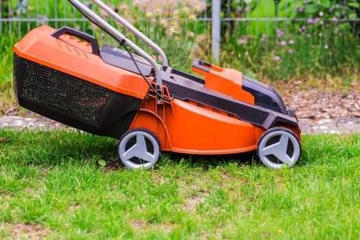 Electric mower cutting green grass in backyard. Gardening care service landscaping.