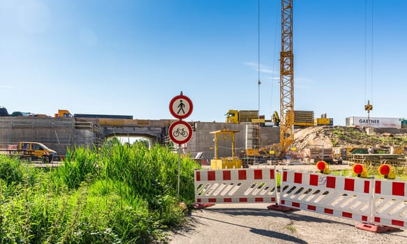 ROT, GERMANY - JULY 1st, 2020: Reconstruction of highway bridge on highway A5 during rush hour