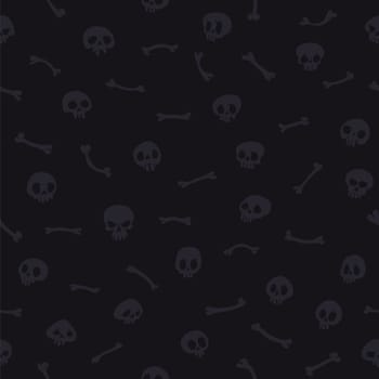 Gray Cartoon Skulls on Black Background Seamless Pattern. Editable pattern in swatches. Clipping paths included in additional jpg format