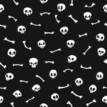 White Cartoon Skulls on Black Background Seamless Pattern. Editable pattern in swatches. Clipping paths included in additional jpg format