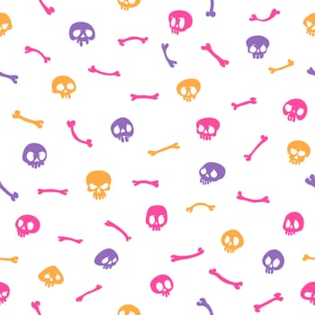 Colorful Cartoon Skulls on White Background Seamless Pattern. Editable pattern in swatches. Clipping paths included in additional jpg format