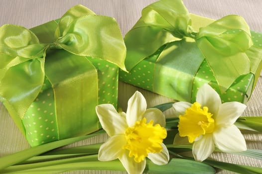 Two green Mother's Day gifts with daffodils on tablecloth