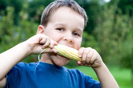 boy eating young corn outdoors
