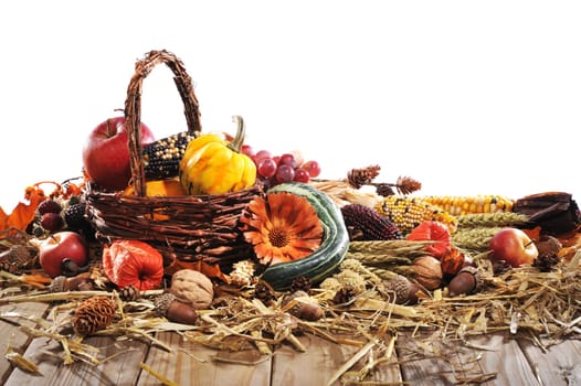 Pumpkins,apples,nuts,berries,corn and cereals with basket on old weathered wooden boards