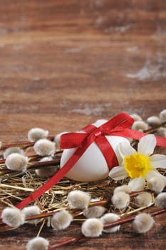 Palm kitten and white Easter egg with red bow on old wood
