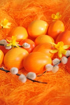 Orange Easter eggs with daffodils and palm kittens in orange sisal.