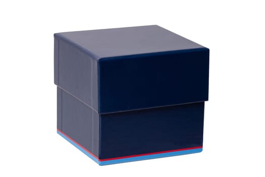 Gift box isolated. Close-up of a blue closed present or gift box on a white background. Birthday, valentine, anniversary or other holidays. Macro photograph.