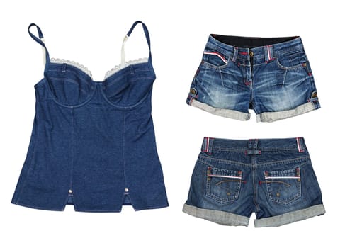 Collection of jeans clothes on white