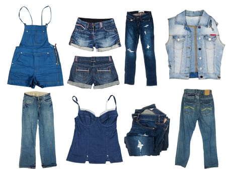 Collection of jeans clothes on white
