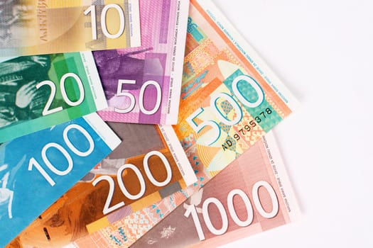 Serbian dinar banknotes paper currency on white background.