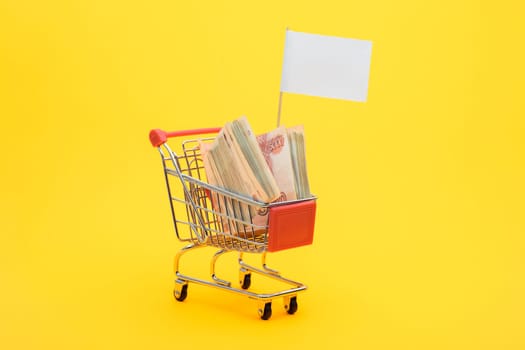 In the grocery cart lies a bundle of five thousandth bills and a white flag is set