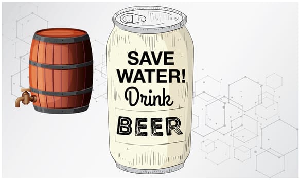 beer can and wooden wine barrel on abstract background