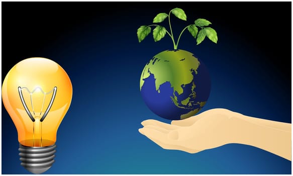 hands carrying earth and tree with light bulb technology