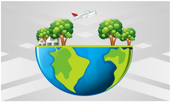 earth carrying several plants, buildings and vehicles on abstract background
