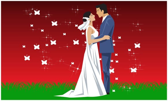 young couple loving each other on abstract background